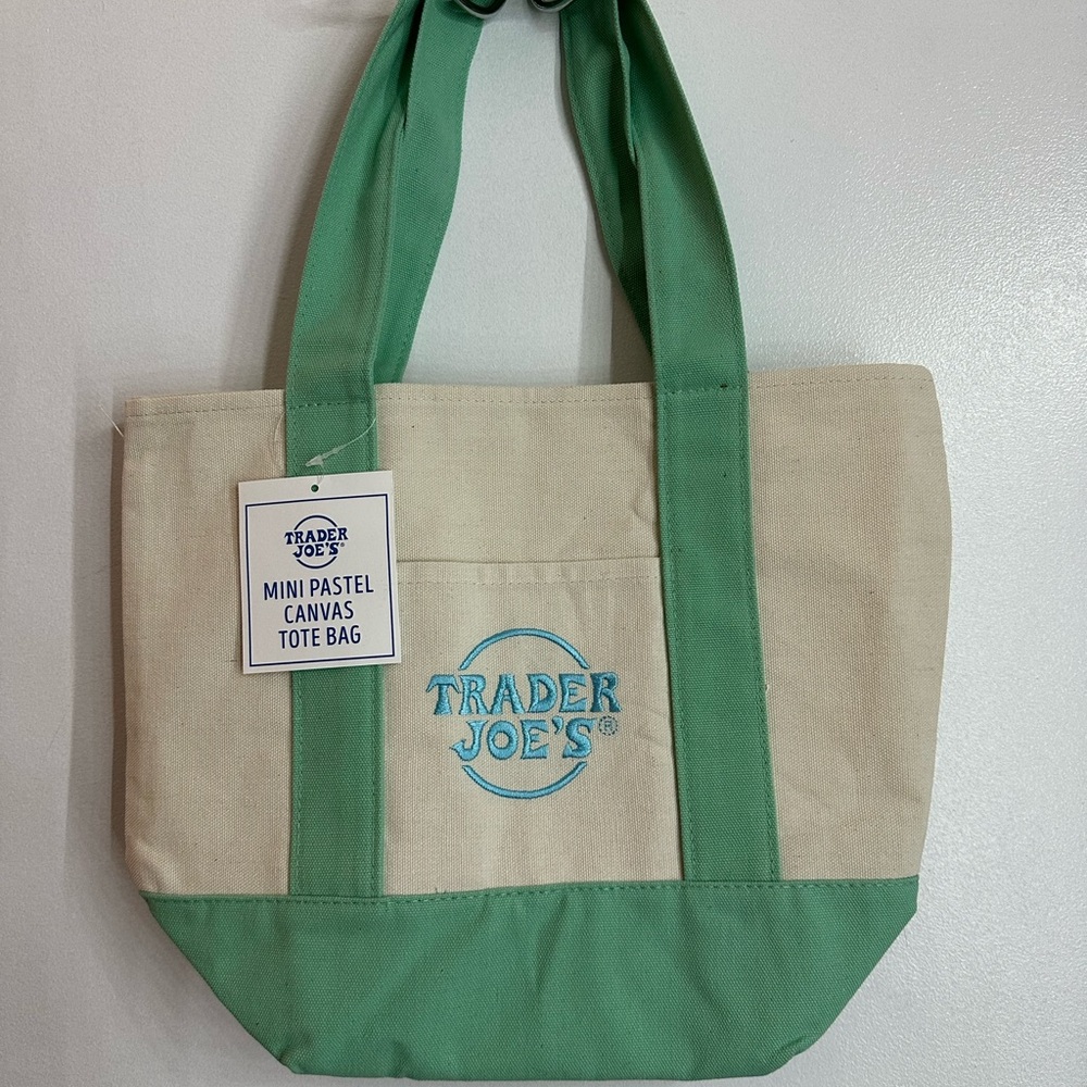 Trader Joe's mini Cream and Green Canvas Tote Bag